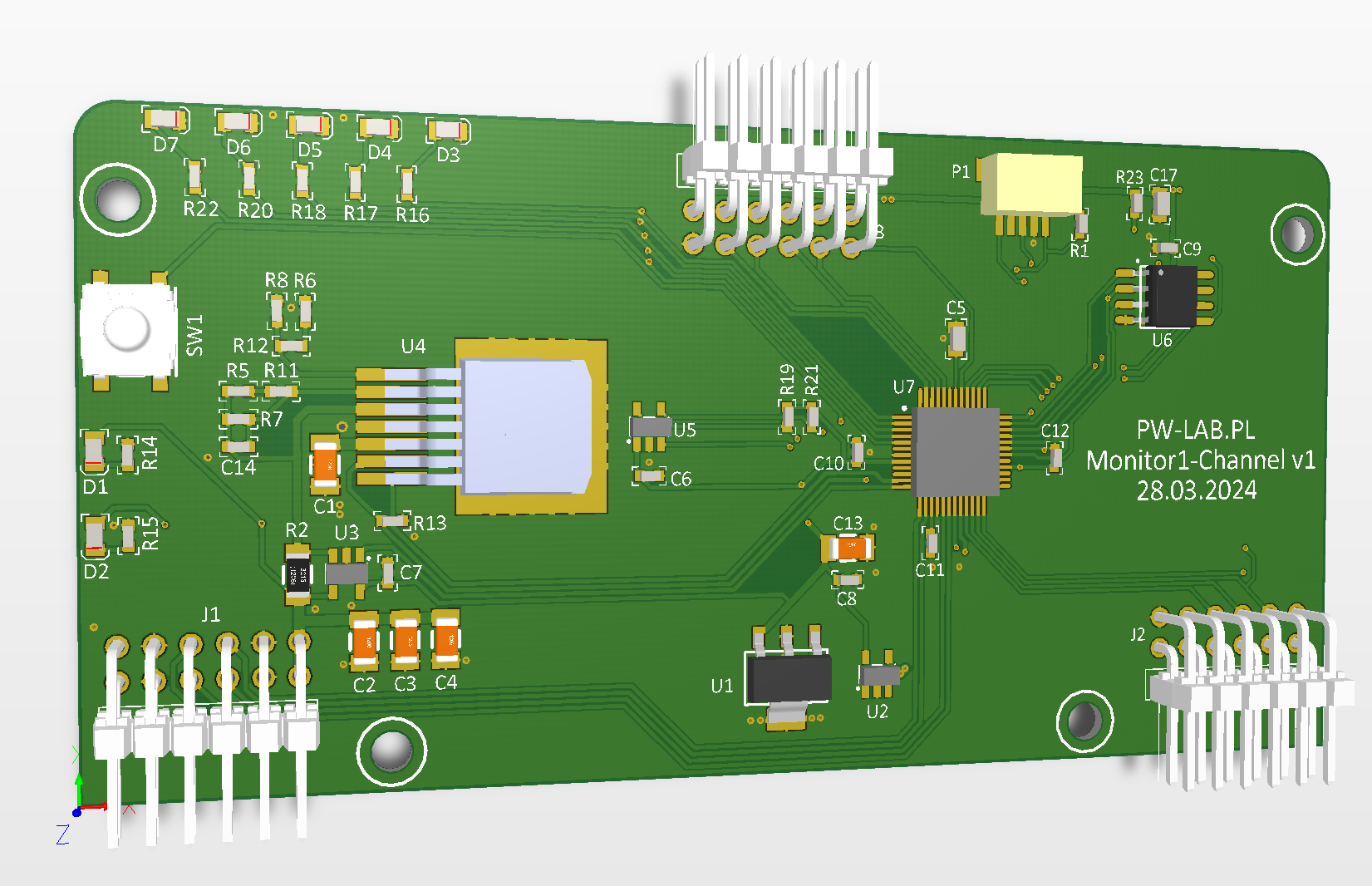 Monitor1-Channel v1 card — 3D PCB render with LT3086 regulator and PIC24FJ256GL405 microcontroller