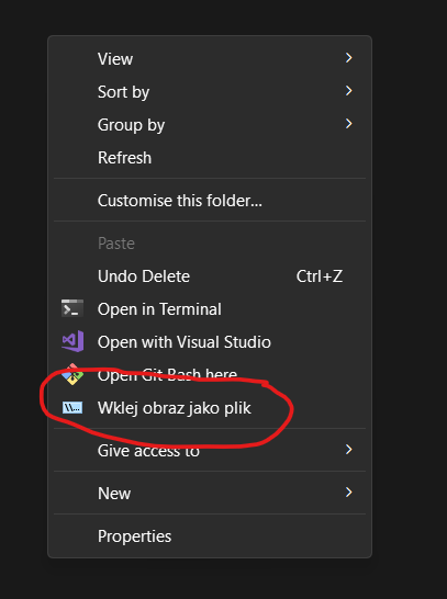 Menu kontekstowe eksploratora Windows z zaznaczoną opcją Wklej obraz jako plik