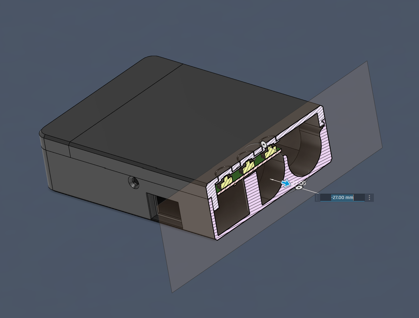 CAD model with cross-section view in Fusion 360