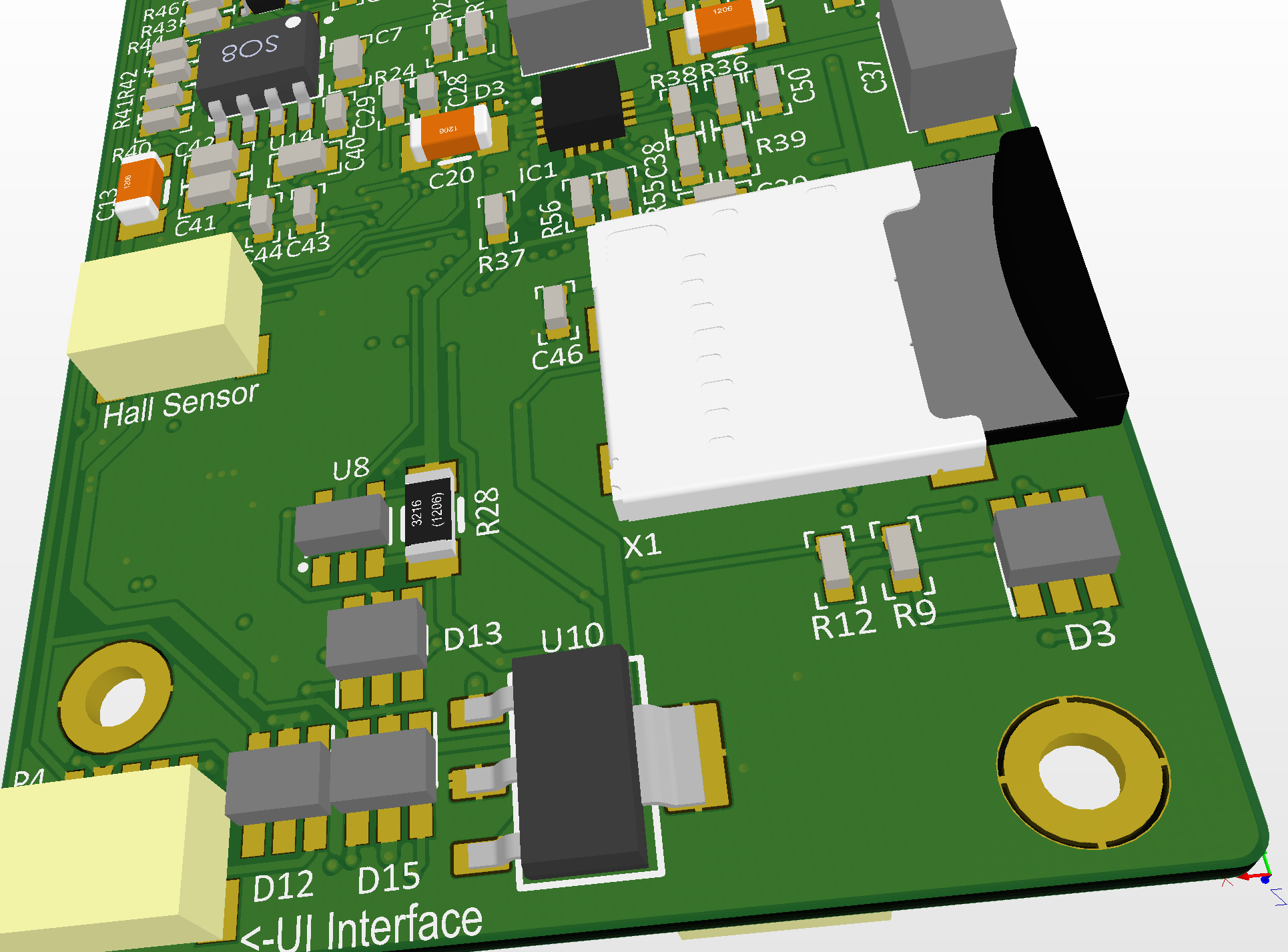 3D render of a populated PCB with SMT components