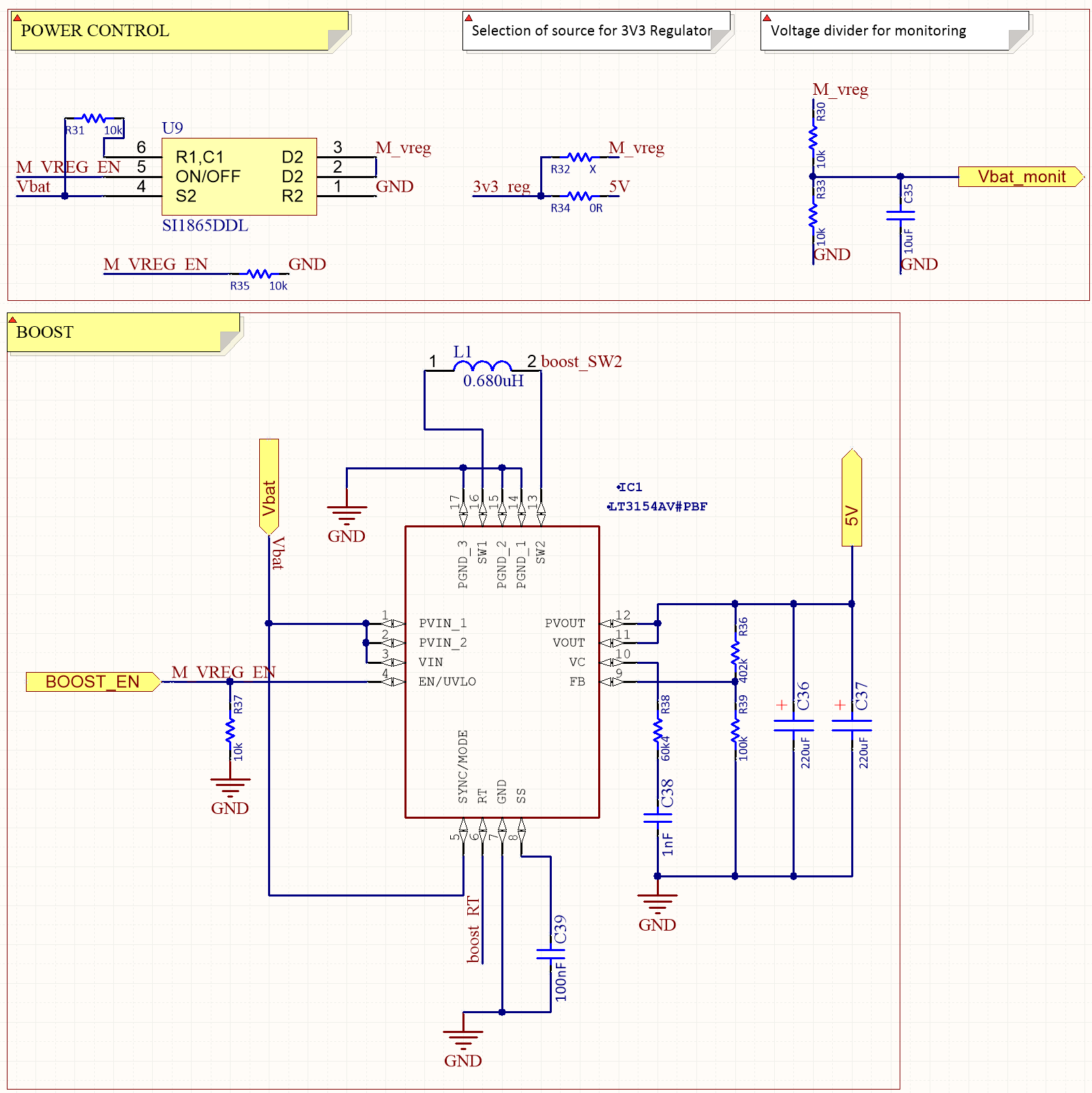 Electronic schematic — power control and boost converter circuit